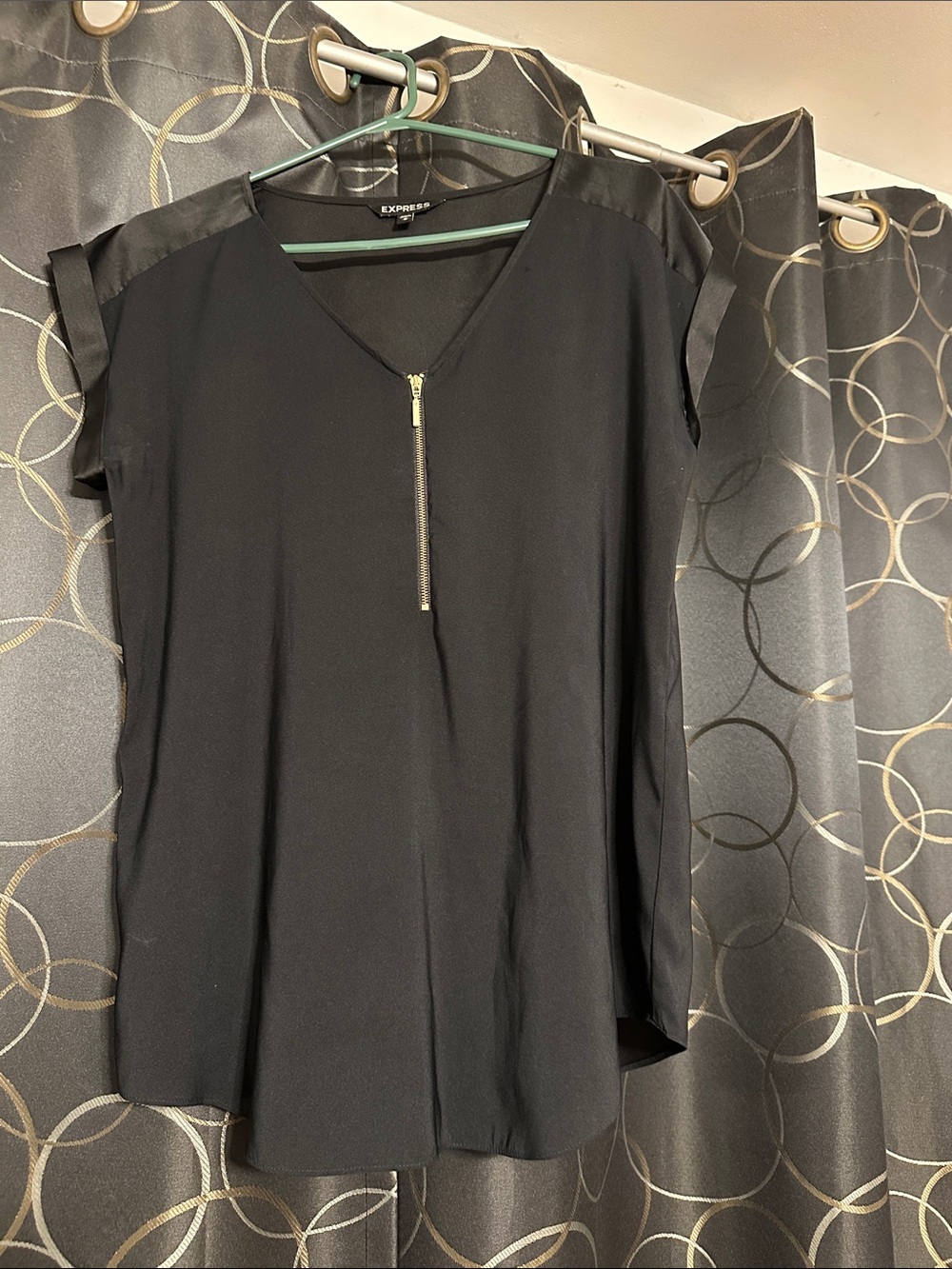Express Black V-Neck Zip Blouse with Satin Trim